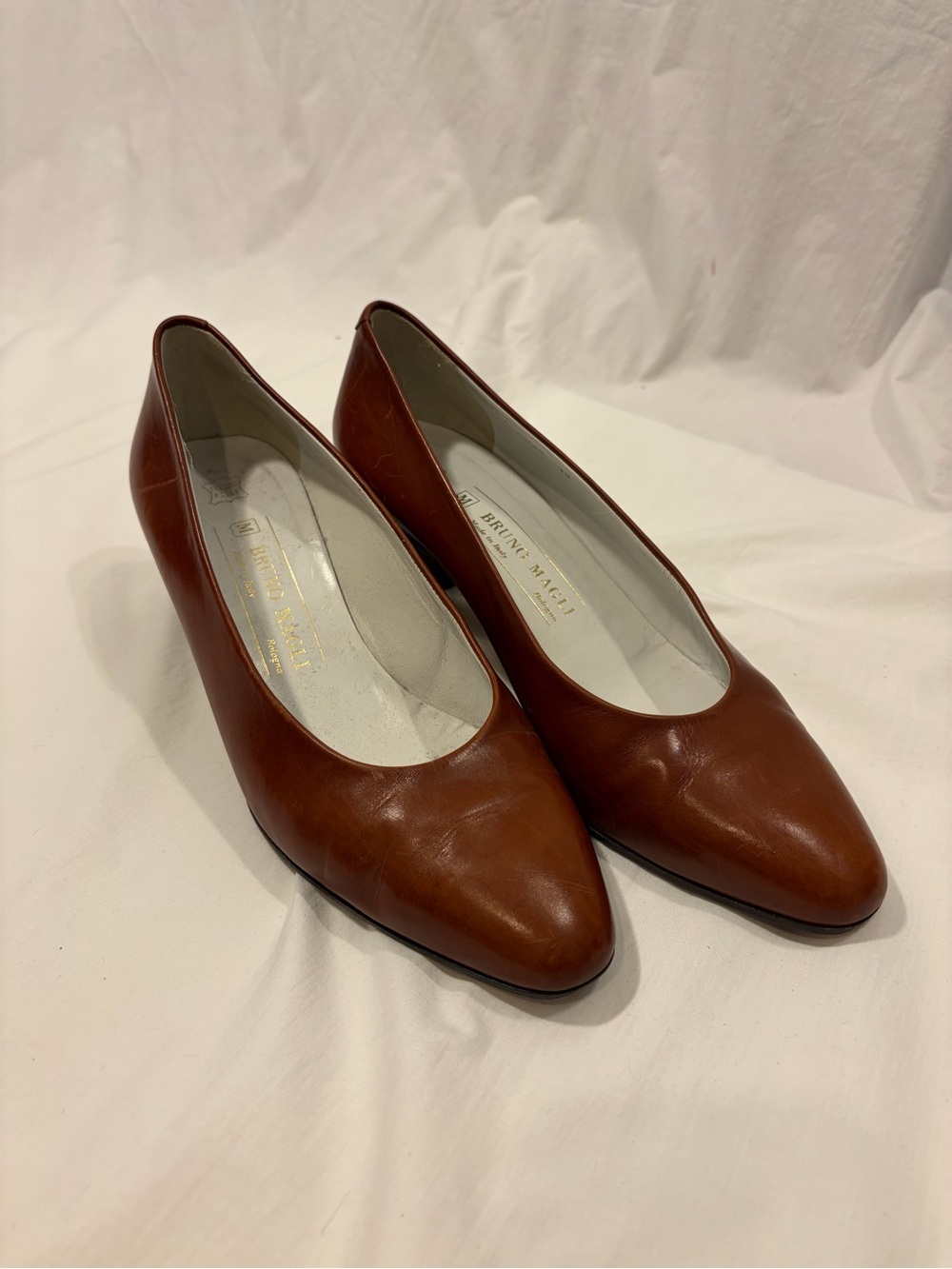 Bruno Magli Cognac Leather Pointed Toe Pumps